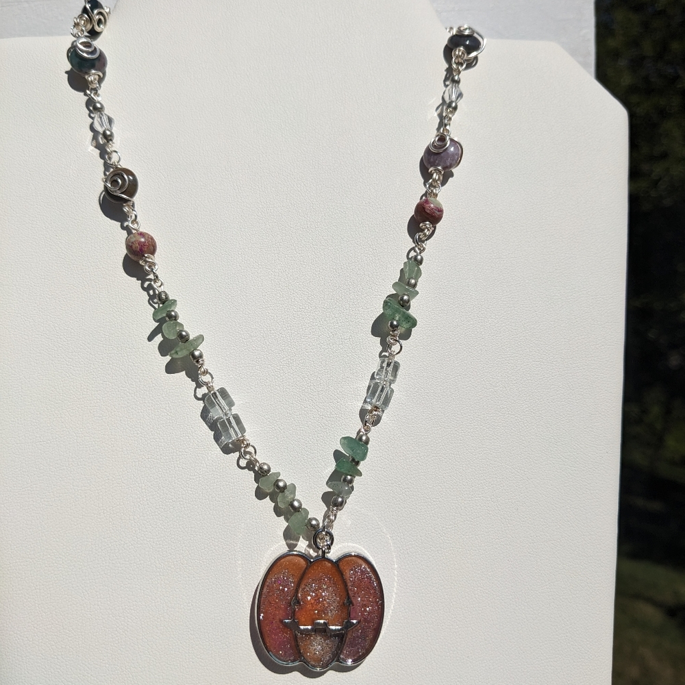 ๐SOLD๐ Pumpkin Necklace Silver Crystals Jasper Green Aventurine Artisan Resin - Picture 14 of 14